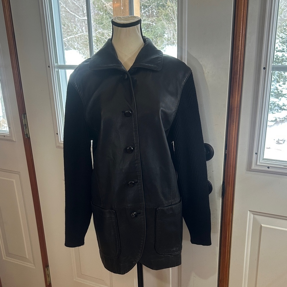 Bally Black Leather Jacket with Ribbed Sleeves